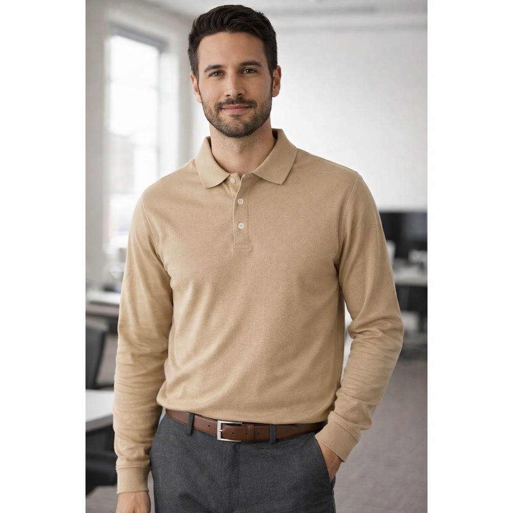 Devon & Jones‎ Mens Long Sleeve Polo Shirt Tan Cotton Pique S NWOT Office Preppy